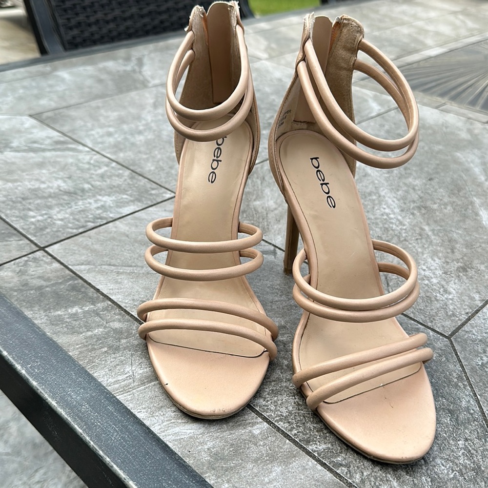 TAN   Man-made upper, strappy sandals, 4 inch heels , size 8.5, back zipper